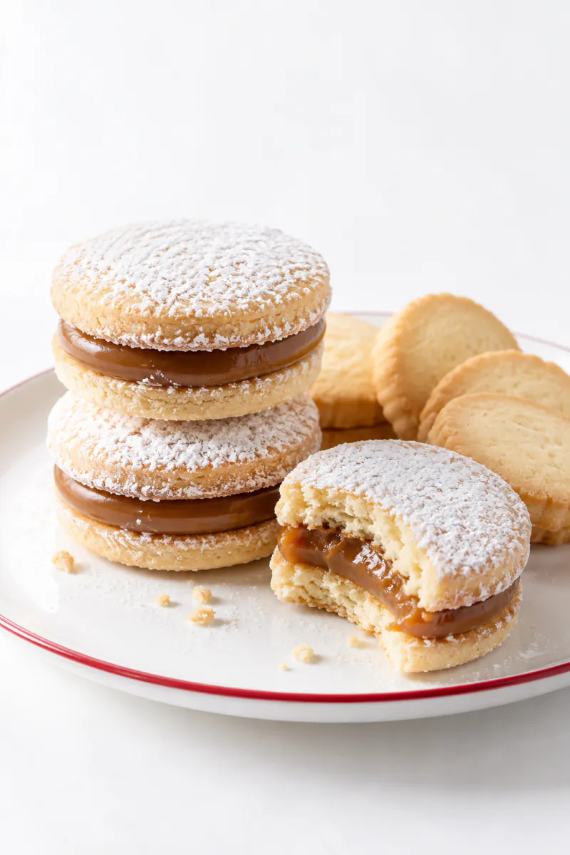 Alfajores y galletas apilados con luz lateral cálida.